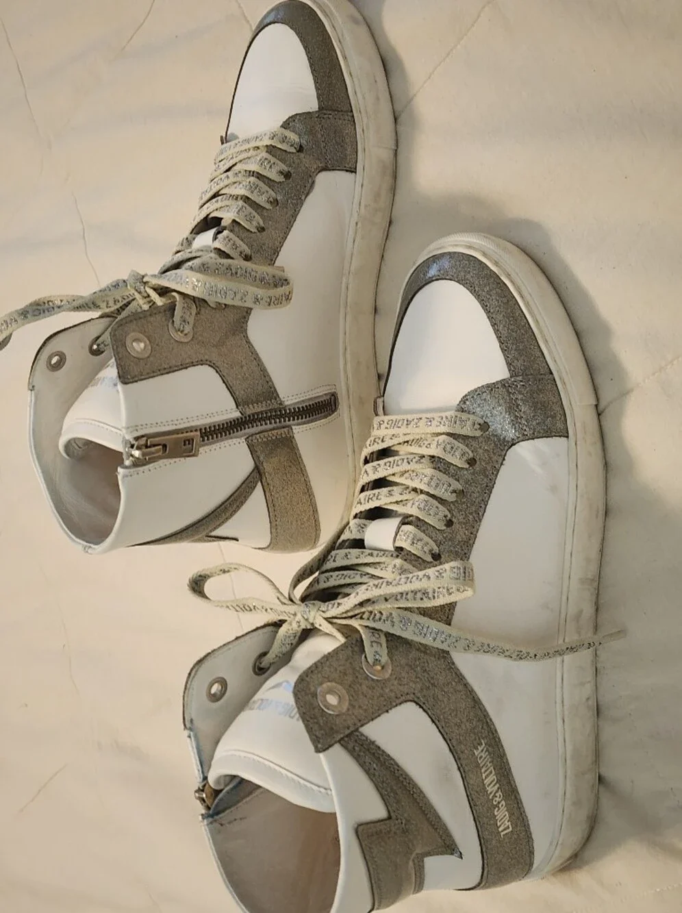 Zadig & Voltaire High-Top Leather Sneakers White/Silver Sz 40/US 9 Quiet Luxury